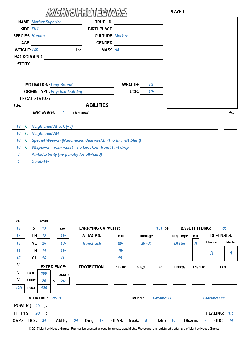 Mother Superior character sheet